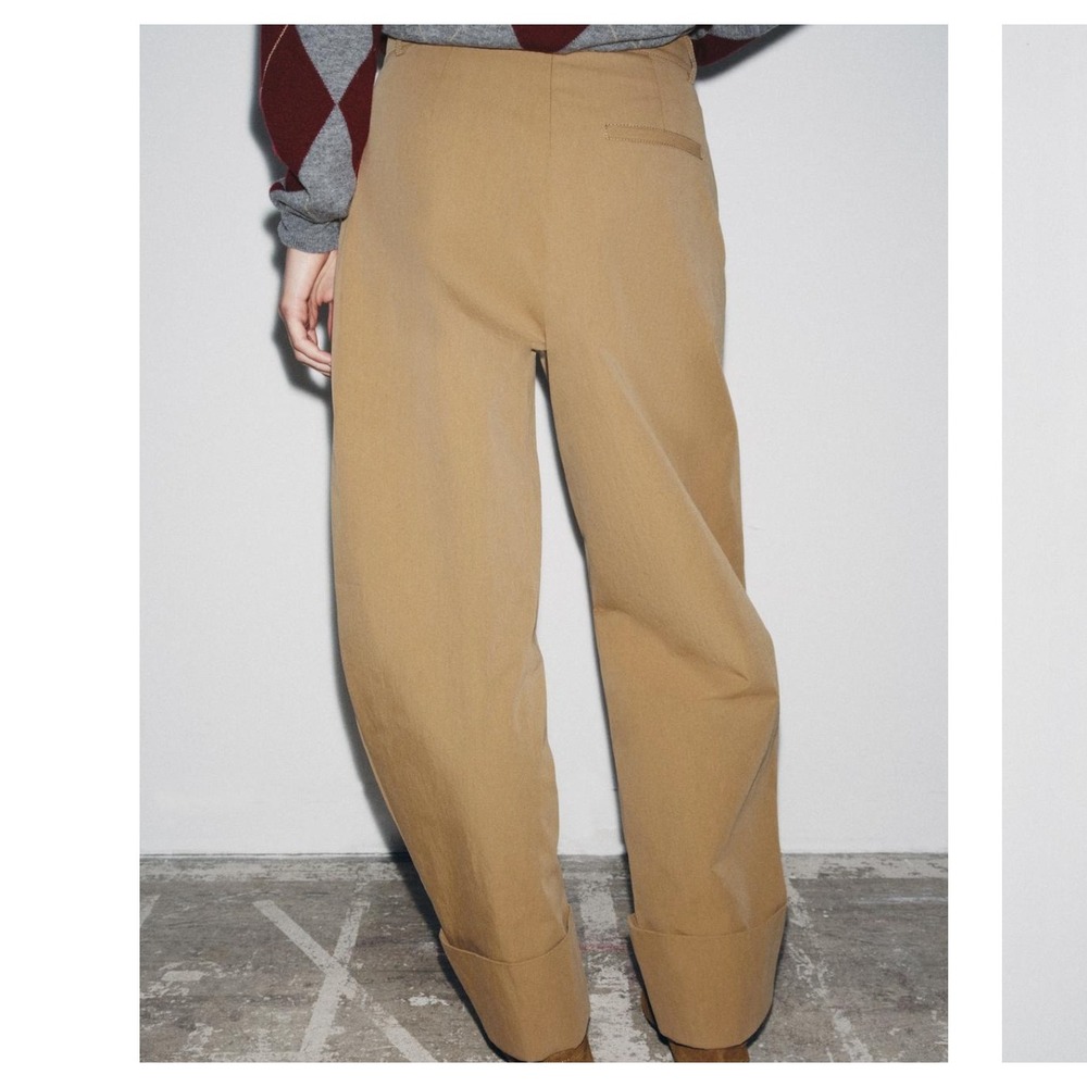 NWT Zara Womens XL‎ Pleated Barrel High Waist Cropped Tapered Pants Tan Brown